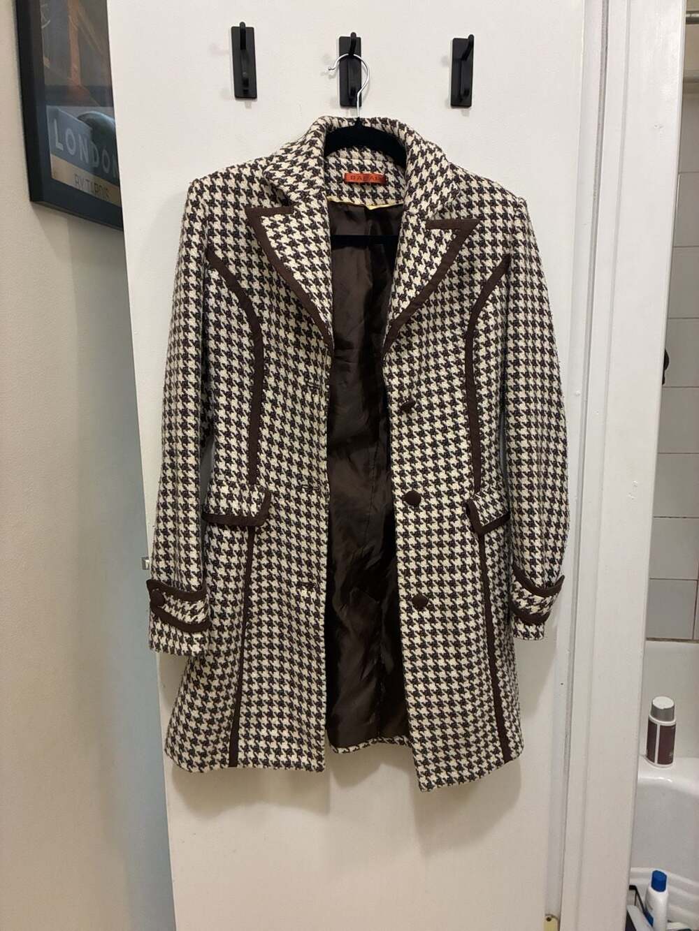 Barami Vintage Y2K Houndstooth Coat Size 2 Brown White Wool Blend